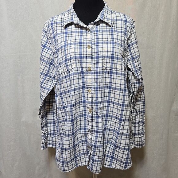 L.L. Bean Flannel Button Up Shirt Womens Large Long Sleeve Pockets Blue/Cream - Picture 1 of 9
